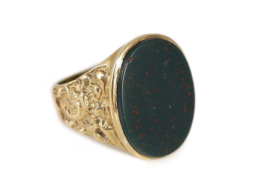 A 1970's 9ct gold and oval bloodstone set signet ring